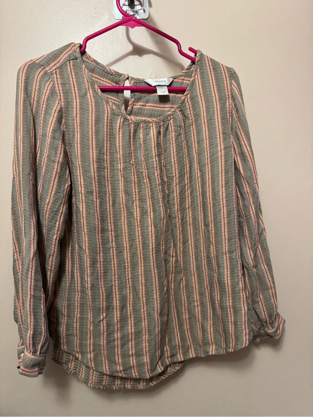 CJ Banks Olive Green and Blush Pink Striped Long Sleeve Blouse
